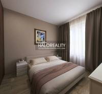 Bedroom in a 3-room apartment with wood-patterned flooring, curtains, and a decorative painting.