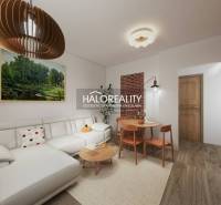 Living room in a three-room apartment with a wooden decor floor and a white sofa.