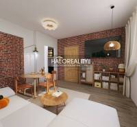 Stylish interior of a 3-room apartment with brick cladding and flooring with a wooden decor.