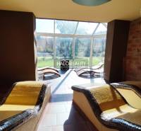 Relaxation zone with heated loungers and glass wall in the gastro area.