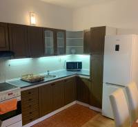 A kitchen with dark cabinets and white appliances in a 2-room apartment, floor with wood decor.
