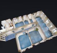 3D floor plan of offices with blue carpet and large windows.