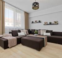 Living room in a two-room apartment with a dark sofa, sockets, and a wooden decor floor.