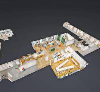 3D floor plan of an office with wood-decor flooring and various rooms and furnishings.