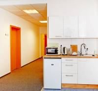 A kitchenette in offices with white cabinets, carpet, equipped with appliances and wooden decor.