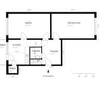Floor plan of a 2-room apartment: bedroom, living room, kitchen, bathroom, toilet, and balcony.