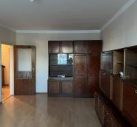 Living room in a two-room apartment with a large wooden living room set and a floor with a wooden decor.