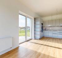 Kitchen and living area in a 3-room apartment with large windows and a view of greenery.
