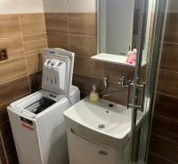A bathroom in a 2-room apartment with a washing machine and a shower.