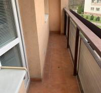 Balcony of a 2-room apartment with terracotta tiles and a view of greenery.