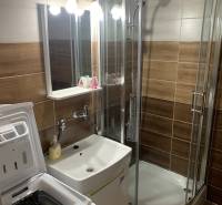 Bathroom with a shower and a washing machine in a 2-room apartment, brown tiles, sink and mirror.