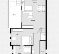 Floor plan of a 2-room apartment with a terrace and the designation of a verified real estate agency.