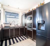 Kitchen in a 2-room apartment with dark cabinets and a spacious refrigerator.