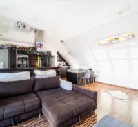Living room with a kitchenette, sofa, and wooden floor decor, 2-room apartment.