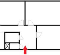 Floor plan of a 3-room apartment with a kitchen, bathroom, and three rooms.