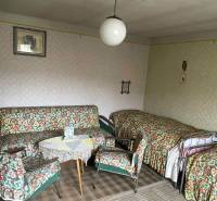 A room in a family house with retro furniture, patterned upholstery, and a carpet.