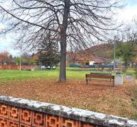 Park in Rykynčice with benches, trees, and a brick fence near a family house.
