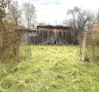 Overgrown plot with a wooden structure near a family house in Rykynčice.