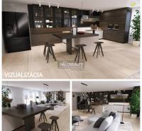 Visualization of the kitchen and living room in a family house with wooden elements and modern furniture.