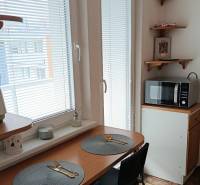 Dining area in a studio apartment with a microwave and a table by the window.