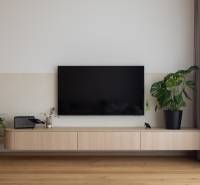 In the 3-room apartment, a television is mounted on a wall with a wooden decor and houseplants.