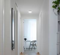 A bright hallway with a wooden decor floor leads to a room in a 3-room apartment.