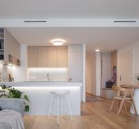 A kitchen in a 3-room apartment with a bar counter and plants, floor with wooden decor.