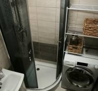Bathroom in a 3-room apartment with a shower, sink, and washing machine.