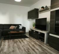 Living room in a 3-room apartment with a dark sofa and a floor with a wooden decor.