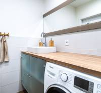 Bathroom with a washing machine, large mirror, and sink in a 3-room apartment with wooden decor.