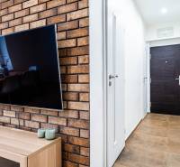 TV on a brick wall and entrance hallway in a 3-room apartment.