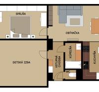Floor plan of a 3-room apartment with a bedroom, children's room, and kitchen.