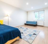 Bedroom in a 3-room apartment, blue bedspread, sofa, carpet, wooden decor flooring.