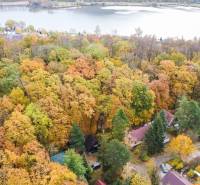 Autumn forest around the cottages in Prievaly by the lake, colorful leaves adorn the landscape.