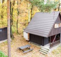 A cabin in the autumn forest near Prievaly, wooden structure, picnic table, pleasant environment.