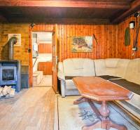 Interior of a cabin with a fireplace, a sofa set, and a floor with a wooden decor.