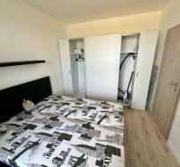 Bedroom with a built-in wardrobe, bed, and wooden decor flooring in a two-room apartment.