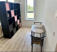 Dining area with wood-patterned flooring and a shelf in a 2-room apartment.