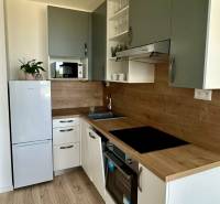 A kitchen with equipment and a wooden decor floor in a 2-room apartment.