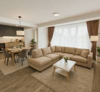 Living room with kitchen and wooden decor flooring in a family house.