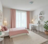 A bedroom in a family house with pink curtains, a wooden decor floor, and decorative shelves.
