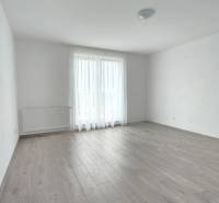 Interior of a family house with a wooden-patterned floor and a large window.