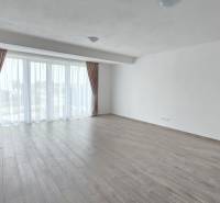 A spacious room in a family house with a wooden decor floor and a large window.