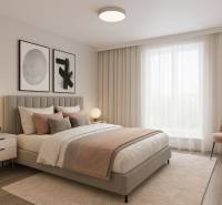 Bedroom with a bed, lamp, chair, and curtains in a family house. Floor with wood decor.