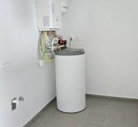 Family house with a boiler and water heating equipment. Gray flooring.