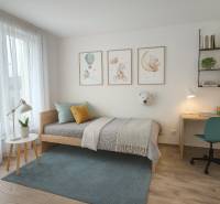 Children's room in a family house with a wooden decor floor and a desk.