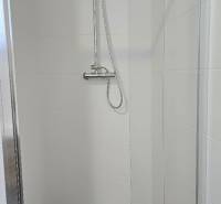 Shower enclosure in a family house with a wooden decor floor.