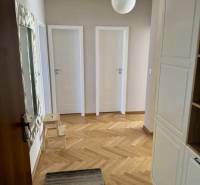 A hallway in a 3-room apartment with a wooden decor floor, white doors, and a rug.