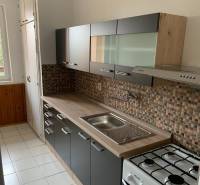 A kitchen in a 2-room apartment with mosaic tiles and a floor with a wooden decor.