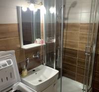 Bathroom with a washing machine and a shower in a 2-room apartment.